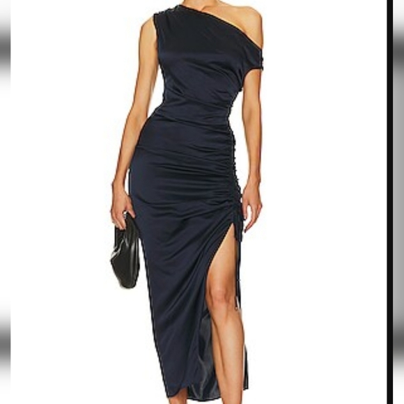 Veronica Beard navy Kadie Dress NWT 00 $648 stretch silk satin ruched mini - Picture 8 of 11